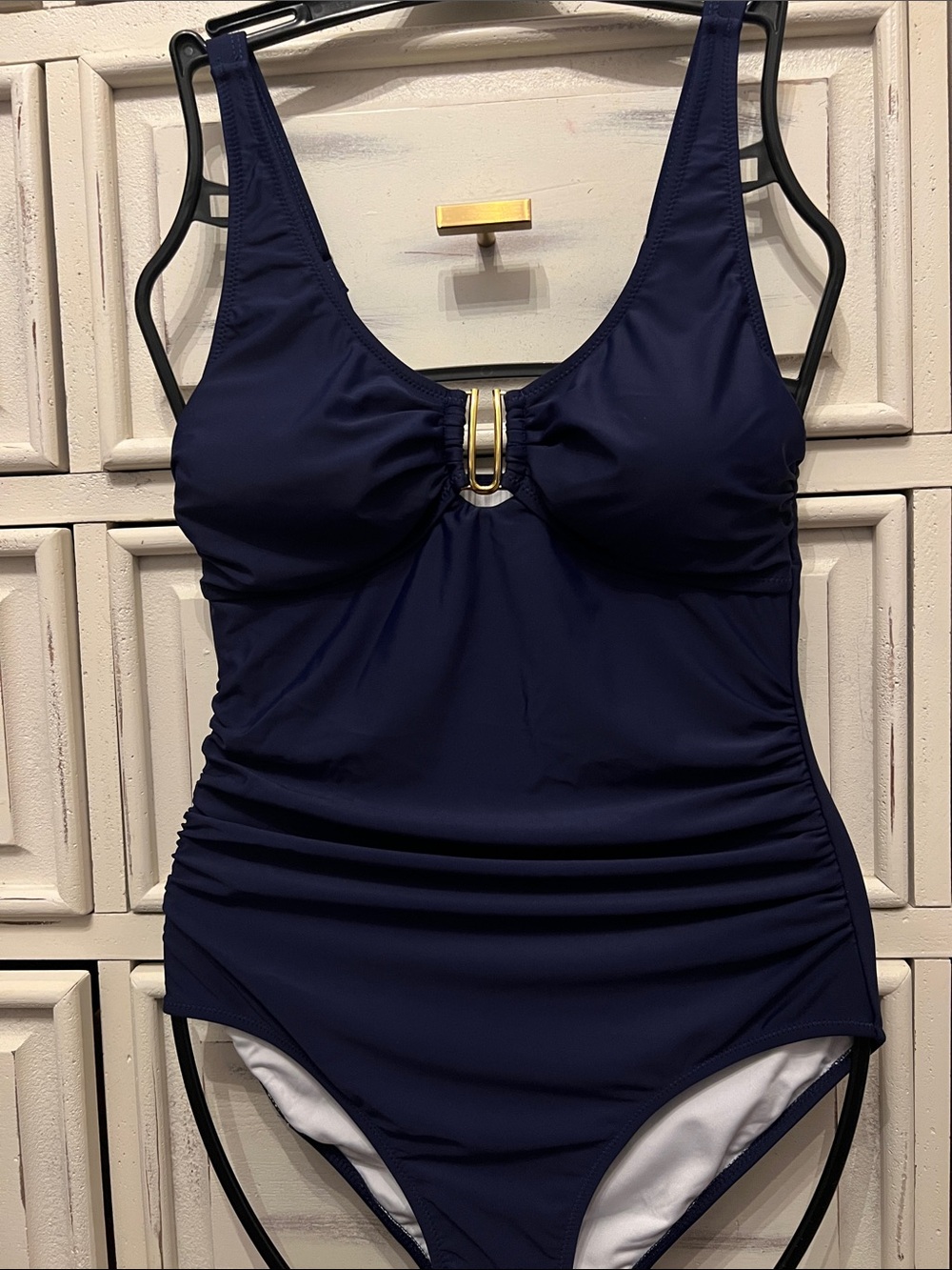 Classic Navy One-Piece Swimsuit with Gold Accent